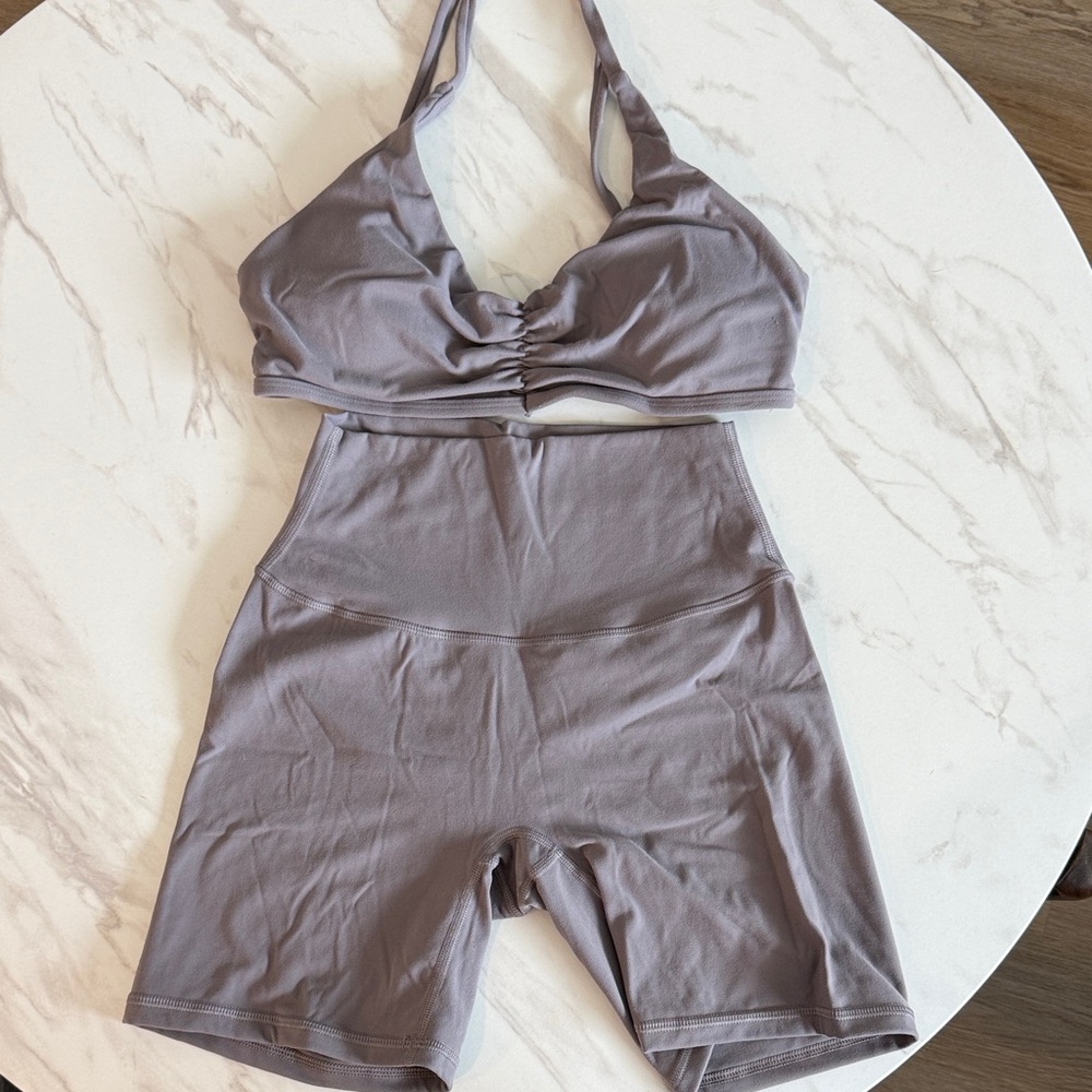 Kamo Fitness Purple Ruched Sports Bralette with High-Waist Bike Shorts Set
